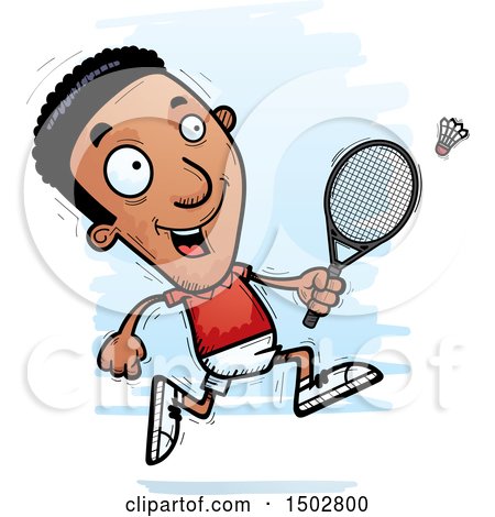 Clipart of a Running African American Man Badminton Player - Royalty Free Vector Illustration by Cory Thoman