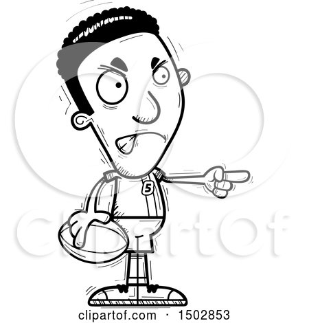 Clipart of a Black and White Mad Pointing Black Male Rugby Player - Royalty Free Vector Illustration by Cory Thoman