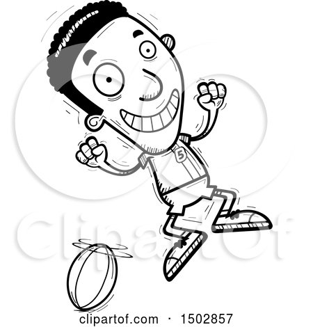 Clipart of a Black and White Jumping Black Male Rugby Player - Royalty Free Vector Illustration by Cory Thoman