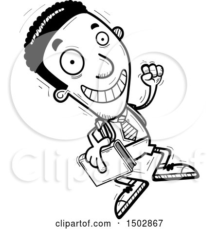 Clipart of a Black and White Jumping Black Male College Student - Royalty Free Vector Illustration by Cory Thoman