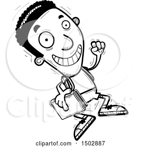 Clipart of a Black and White Jumping Black Male Community College Student - Royalty Free Vector Illustration by Cory Thoman