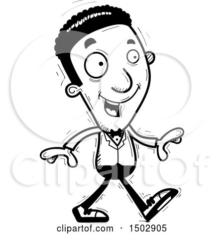 Clipart of a Black and White Walking African American Man in a Tuxedo - Royalty Free Vector Illustration by Cory Thoman