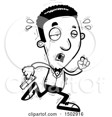 Clipart of a Black and White Tired Running African American Male Spy or Secret Service Agent - Royalty Free Vector Illustration by Cory Thoman