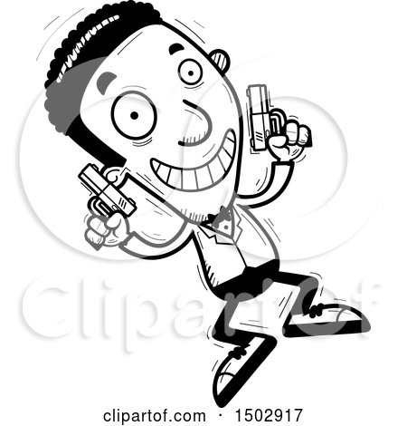 Clipart of a Black and White Jumping African American Male Spy or Secret Service Agent - Royalty Free Vector Illustration by Cory Thoman