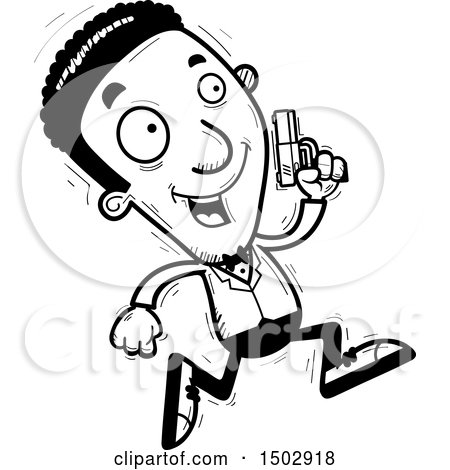 Clipart of a Black and White Running African American Male Spy or Secret Service Agent - Royalty Free Vector Illustration by Cory Thoman