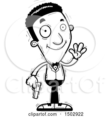 Clipart of a Black and White Waving African American Male Spy or Secret Service Agent - Royalty Free Vector Illustration by Cory Thoman