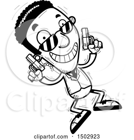 Clipart of a Black and White Jumping African American Male Secret Service Agent - Royalty Free Vector Illustration by Cory Thoman