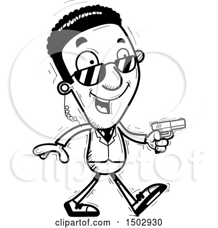 Clipart of a Black and White Walking African American Male Secret Service Agent - Royalty Free Vector Illustration by Cory Thoman