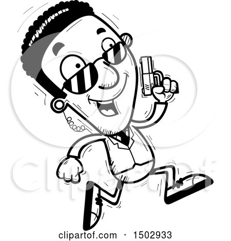 Clipart of a Black and White Running African American Male Secret Service Agent - Royalty Free Vector Illustration by Cory Thoman