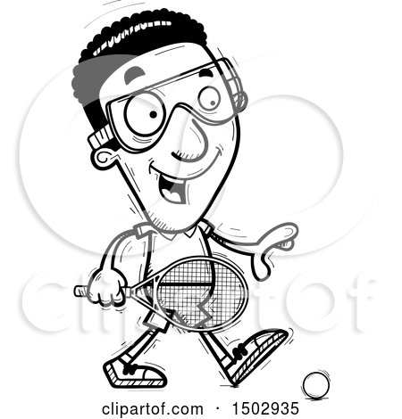 Clipart of a Black and White Walking African American Man Racquetball Player - Royalty Free Vector Illustration by Cory Thoman