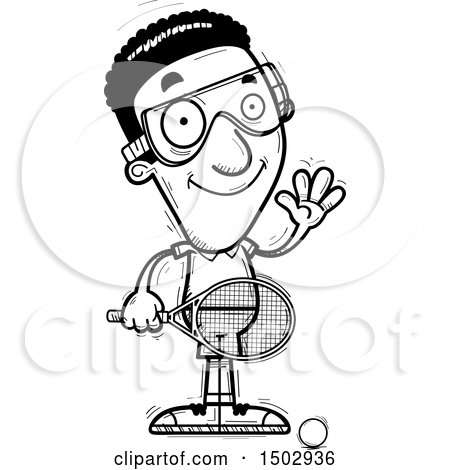 Clipart of a Black and White Waving African American Man Racquetball Player - Royalty Free Vector Illustration by Cory Thoman