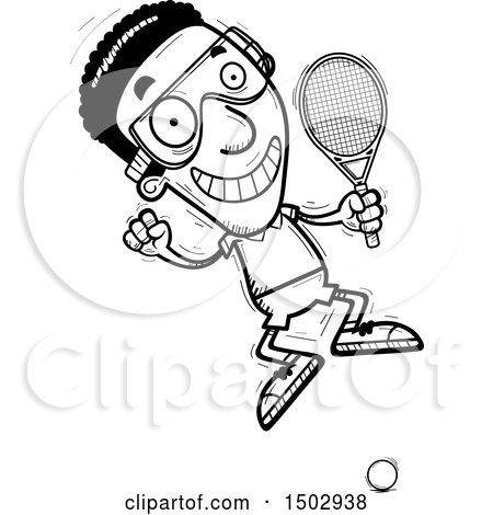Clipart of a Black and White Jumping African American Man Racquetball Player - Royalty Free Vector Illustration by Cory Thoman