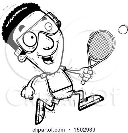Clipart of a Black and White Running African American Man Racquetball Player - Royalty Free Vector Illustration by Cory Thoman