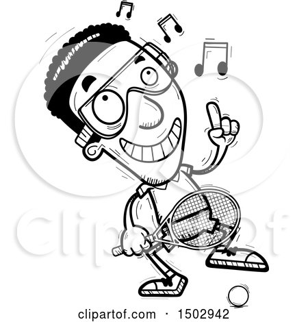 Clipart of a Black and White Dancing African American Man Racquetball Player - Royalty Free Vector Illustration by Cory Thoman
