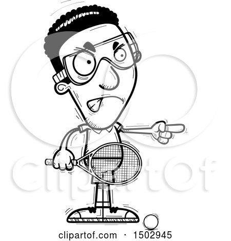 Clipart of a Black and White Mad Pointing African American Man Racquetball Player - Royalty Free Vector Illustration by Cory Thoman
