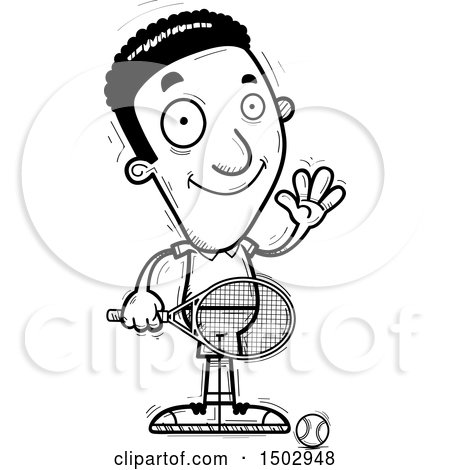 Clipart of a Black and White Waving African American Male Tennis Player - Royalty Free Vector Illustration by Cory Thoman