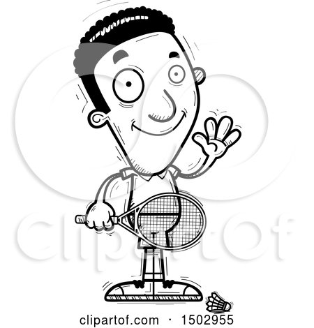 Clipart of a Black and White Waving African American Man Badminton Player - Royalty Free Vector Illustration by Cory Thoman