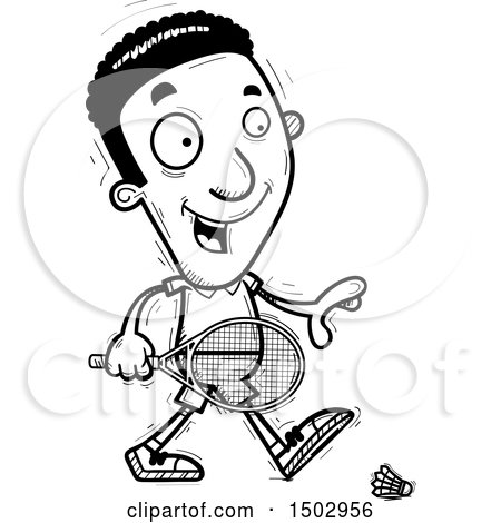 Clipart of a Black and White Walking African American Man Badminton Player - Royalty Free Vector Illustration by Cory Thoman
