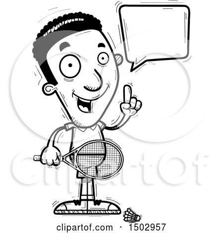Clipart of a Black and White Talking African American Man Badminton Player - Royalty Free Vector Illustration by Cory Thoman
