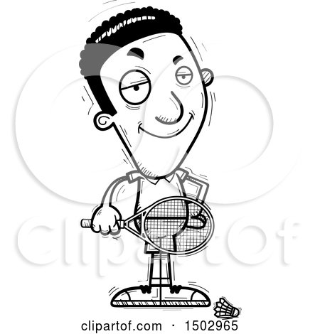 Clipart of a Black and White Confident African American Man Badminton Player - Royalty Free Vector Illustration by Cory Thoman
