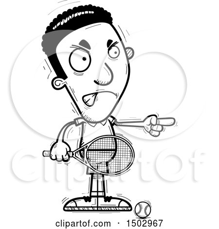 Clipart of an Angry African American Man Playing Tennis and Pointing - Royalty Free Vector Illustration by Cory Thoman