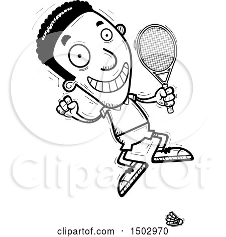 Clipart of a Black and White Jumping African American Man Badminton Player - Royalty Free Vector Illustration by Cory Thoman