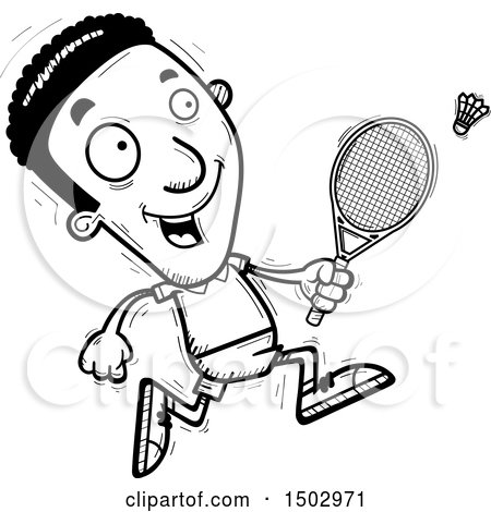 Clipart of a Black and White Running African American Man Badminton Player - Royalty Free Vector Illustration by Cory Thoman