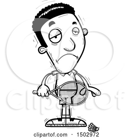 Clipart of a Black and White Sad African American Man Badminton Player - Royalty Free Vector Illustration by Cory Thoman
