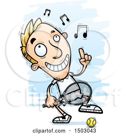 Clipart of a Dancing Happy Caucasian Man Tennis Player - Royalty Free Vector Illustration by Cory Thoman