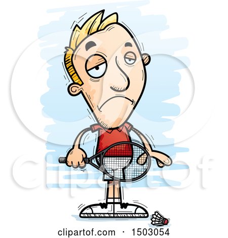 Clipart of a Sad Caucasian Man Badminton Player - Royalty Free Vector Illustration by Cory Thoman