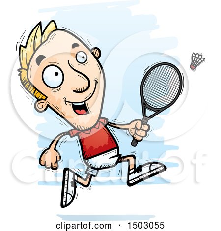 Clipart of a Running Caucasian Man Badminton Player - Royalty Free Vector Illustration by Cory Thoman