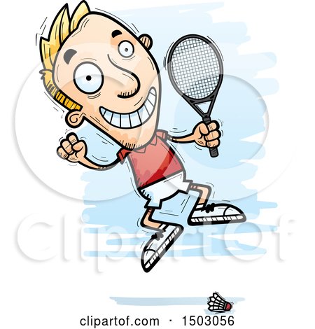Clipart of a Jumping Energetic Caucasian Man Badminton Player - Royalty Free Vector Illustration by Cory Thoman