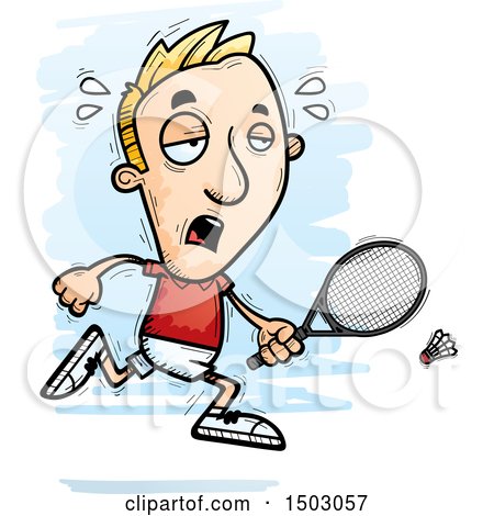 Clipart of a Tired Running Caucasian Man Badminton Player - Royalty Free Vector Illustration by Cory Thoman