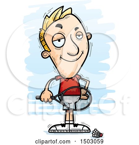 Clipart of a Confident Caucasian Man Badminton Player - Royalty Free Vector Illustration by Cory Thoman
