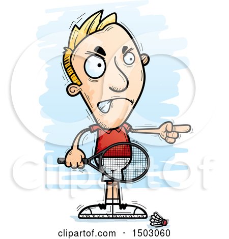 Clipart of a Mad Pointing Caucasian Man Badminton Player - Royalty Free Vector Illustration by Cory Thoman