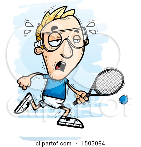 Clipart of a Tired Running Caucasian Man Racquetball Player - Royalty Free Vector Illustration by Cory Thoman