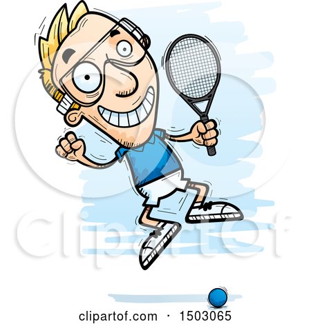Clipart of a Jumping Caucasian Man Racquetball Player - Royalty Free Vector Illustration by Cory Thoman