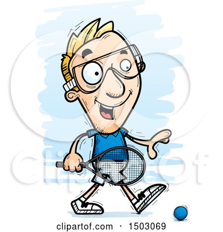 Clipart of a Walking Caucasian Man Racquetball Player - Royalty Free Vector Illustration by Cory Thoman