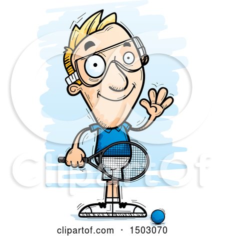 Clipart of a Waving Caucasian Man Racquetball Player - Royalty Free Vector Illustration by Cory Thoman