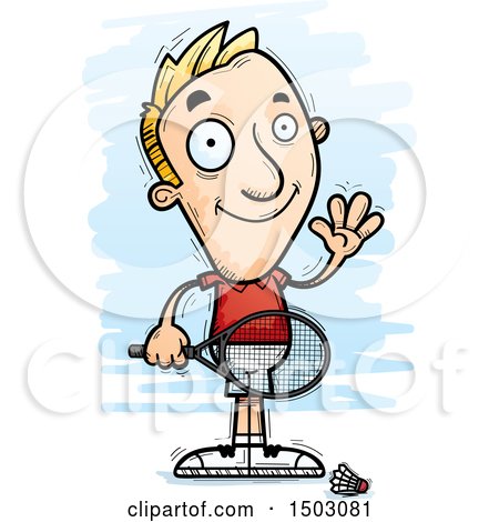 Clipart of a Waving Caucasian Man Badminton Player - Royalty Free Vector Illustration by Cory Thoman