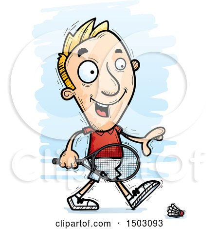 Clipart of a Walking Caucasian Man Badminton Player - Royalty Free Vector Illustration by Cory Thoman