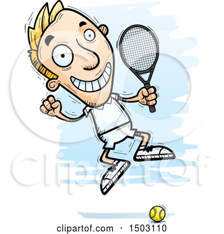 Clipart of a Jumping Caucasian Man Tennis Player - Royalty Free Vector Illustration by Cory Thoman