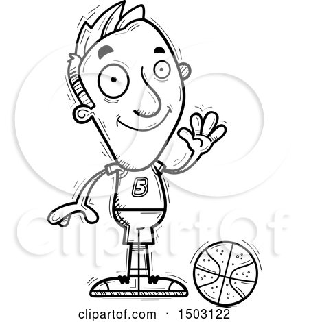 Clipart of a Black and White Waving Male Basketball Player - Royalty Free Vector Illustration by Cory Thoman