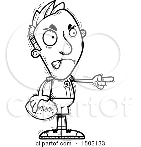 Clipart of a Black and White Mad Pointing Male Football Player - Royalty Free Vector Illustration by Cory Thoman