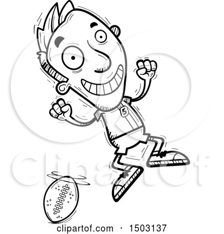 Clipart of a Black and White Jumping Male Football Player - Royalty Free Vector Illustration by Cory Thoman