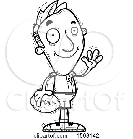 Clipart of a Black and White Waving Male Football Player - Royalty Free Vector Illustration by Cory Thoman