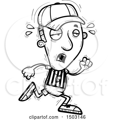 Clipart of a Black and White Tired Running Male Referee - Royalty Free Vector Illustration by Cory Thoman
