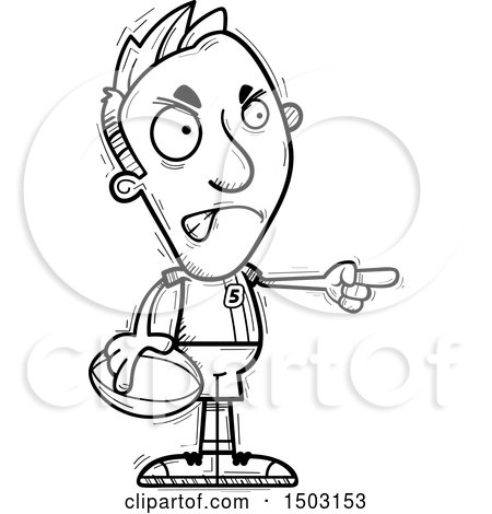 Clipart of a Black and White Mad Pointing Male Rugby Player - Royalty Free Vector Illustration by Cory Thoman