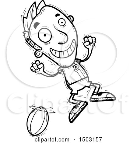 Clipart of a Black and White Jumping Male Rugby Player - Royalty Free Vector Illustration by Cory Thoman