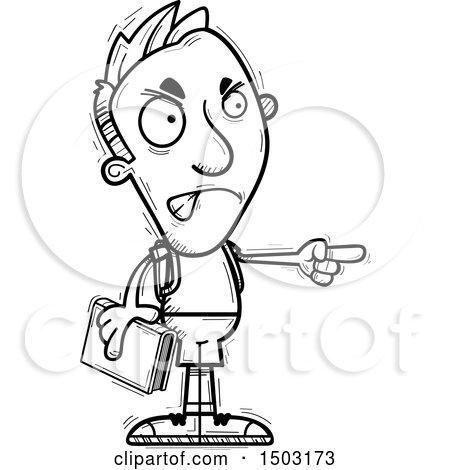 Clipart of a Black and White Mad Pointing Male College Student - Royalty Free Vector Illustration by Cory Thoman